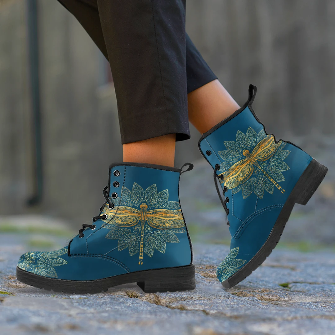Casual Ladies Leather Boots Dragonfly Design Lace-up Platform Ankle Boots Autumn Winter Women Leather Booties Print On Demand