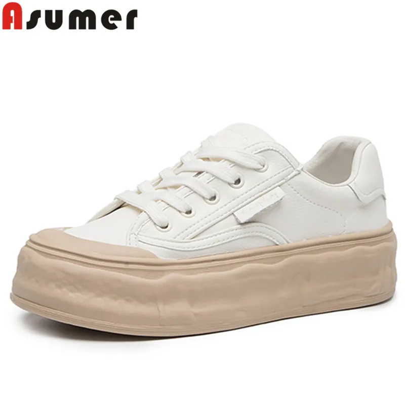 

ASUMER New Genuine Leather Flat Shoes Women 2023 Simple Sneakers Mesh Lace Up Flats Female Casual Platform Shoes