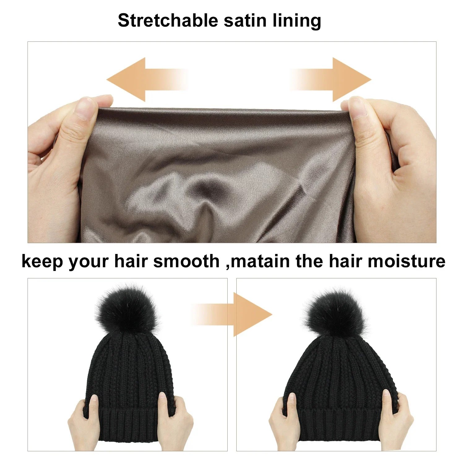 Winter Silk Satin Lined Beanie Hats for Women Thick Chunky Cap Bonnets Striped Warm High Quality Cashmere Knitted Pom Pom Hat 5