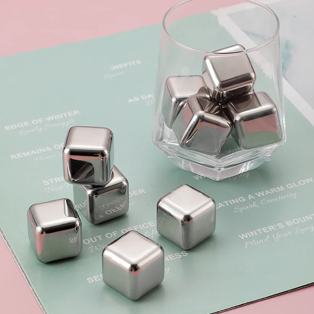 Ice Cubes Whiskey Stones 6 Piece Reusable Whiskey Ice Cubes Set with Silicone Head Tongs and Ice Cube Trays 304 Stainless Steel Cubes