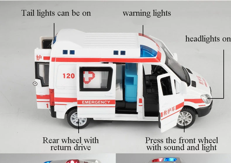 1:32 simulation ambulance model alloy pull back sound and light die-casting car toy police special car children's toy gift helicopter toys