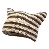New Korean Style Handmade Crochet Acrylic Cat Ears Woman Winter Hat Striped Autumn Beanies Warm Soft Bonnet Skullies Cap Gift 2