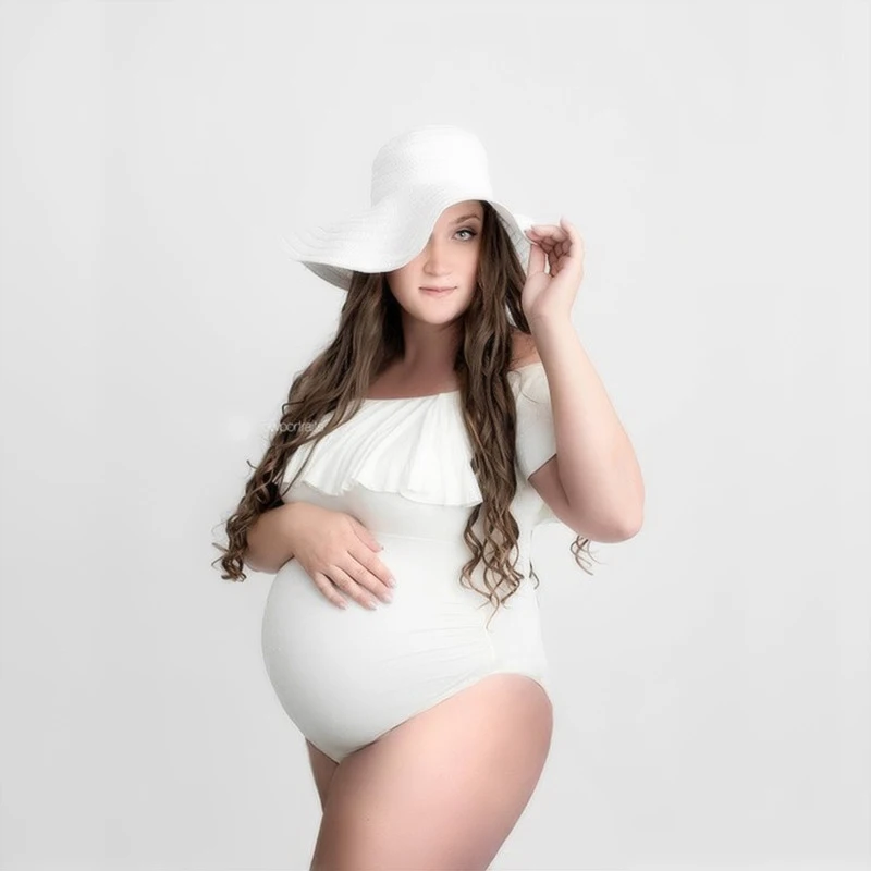 Summer Stretchy Maternity Bodysuits Slash Neck Ruffles Pregnant Women JumpsuitsBlack White Grey and Floral Printing Photo Shoot |