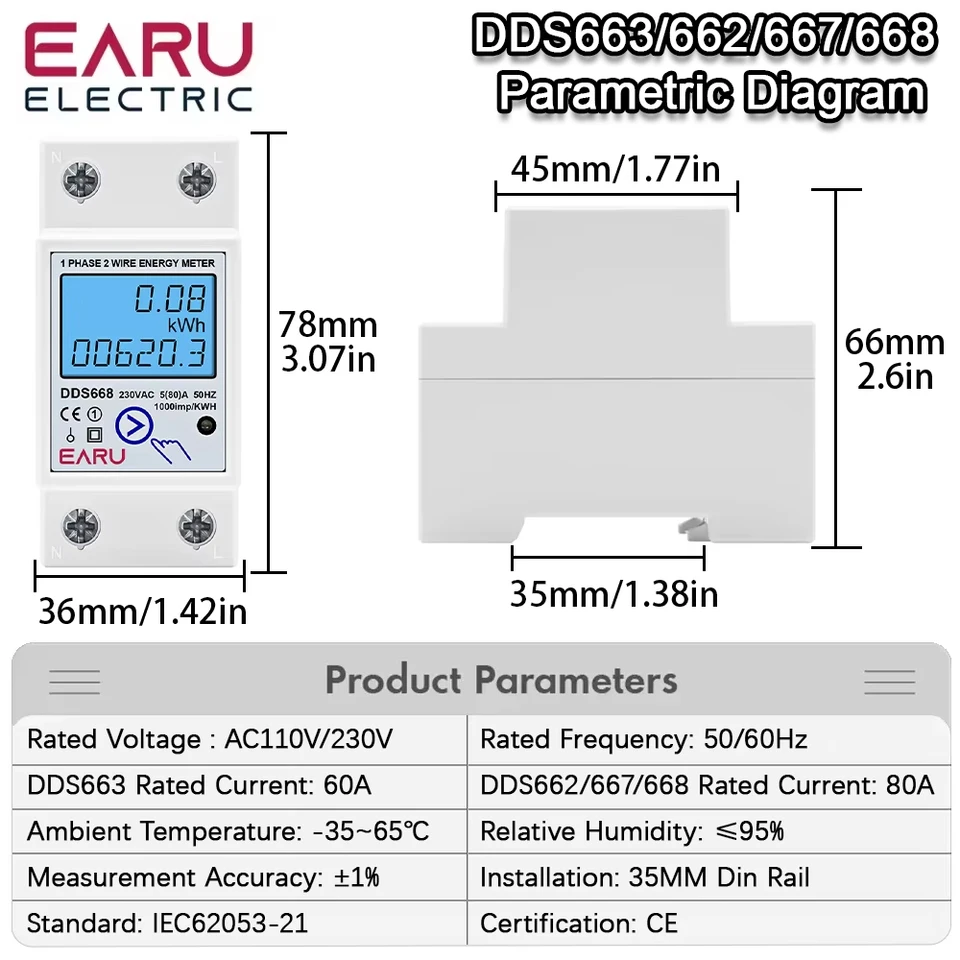 Single Phase Energy Meter 5-80A 230V - Digital LCD Watt Meter, DIN Rail Mount DDS015 For Home & Electrical Use - View #8