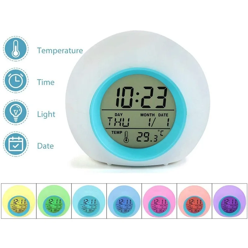 LED Night Light 7 Color Night Light Alarm Clock Children\'s Bedside Cute Night Light Snooze Temperature Wake Up Timer Alarm Clock