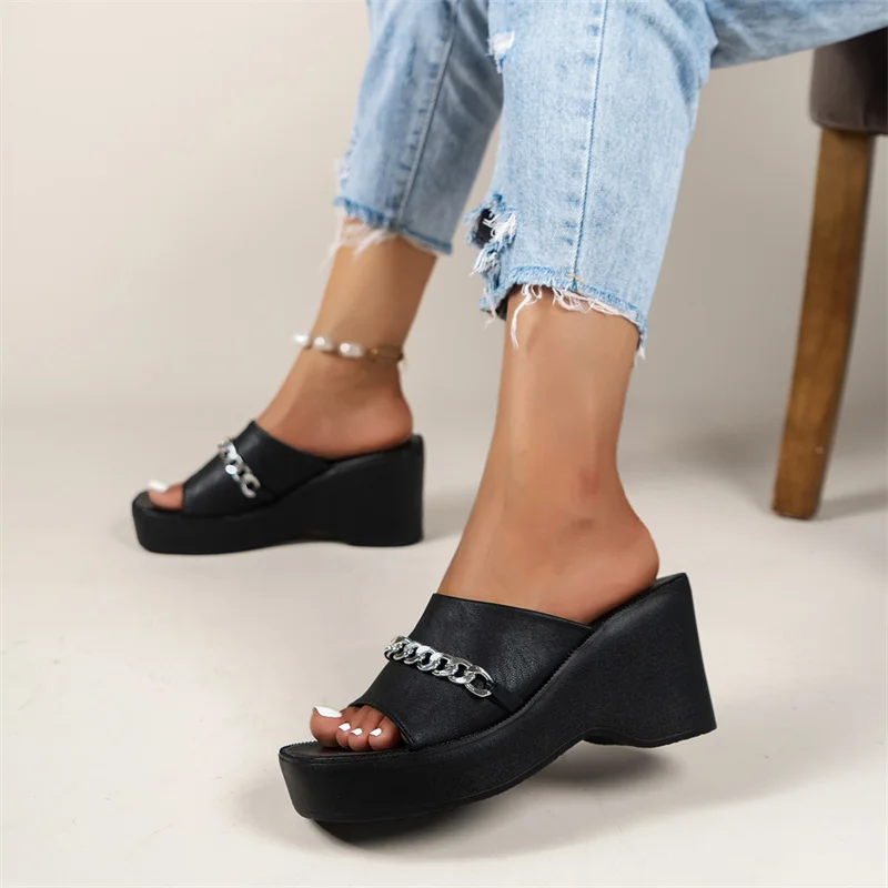 Women Shoes 2023 New Spring Autumn Open Toe Sandals Casual Beach Slides Designer Slippers Chain Flip Flops