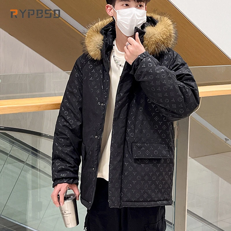 Winter Padding Men Luxury 2024 Korean Print Loose Casual Windproof Thick Warm Short Fur Hooded Parka Puffer Jacket Men Clothes