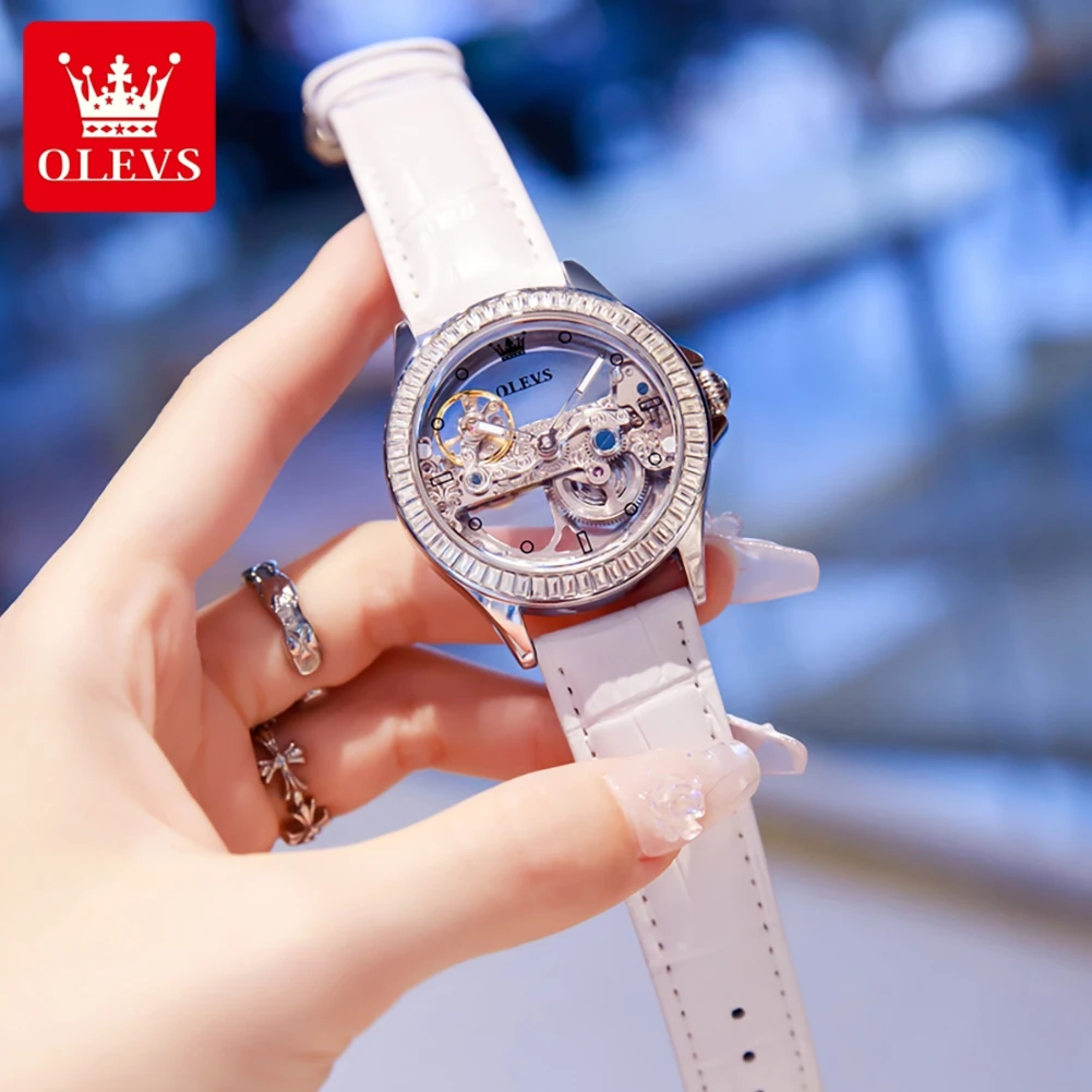OLEVS Fully Hollow Watch for Women Automatic Mechanical Women's Watches Luminous Luxury Stainless Steel Diamond Inlay Wristwatch