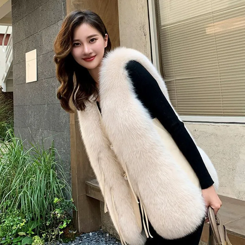 

Fashion Lady Fur Coat Women Vest Winter 2023 New Leather Fur Jacket Patchwork Vest Female Warm