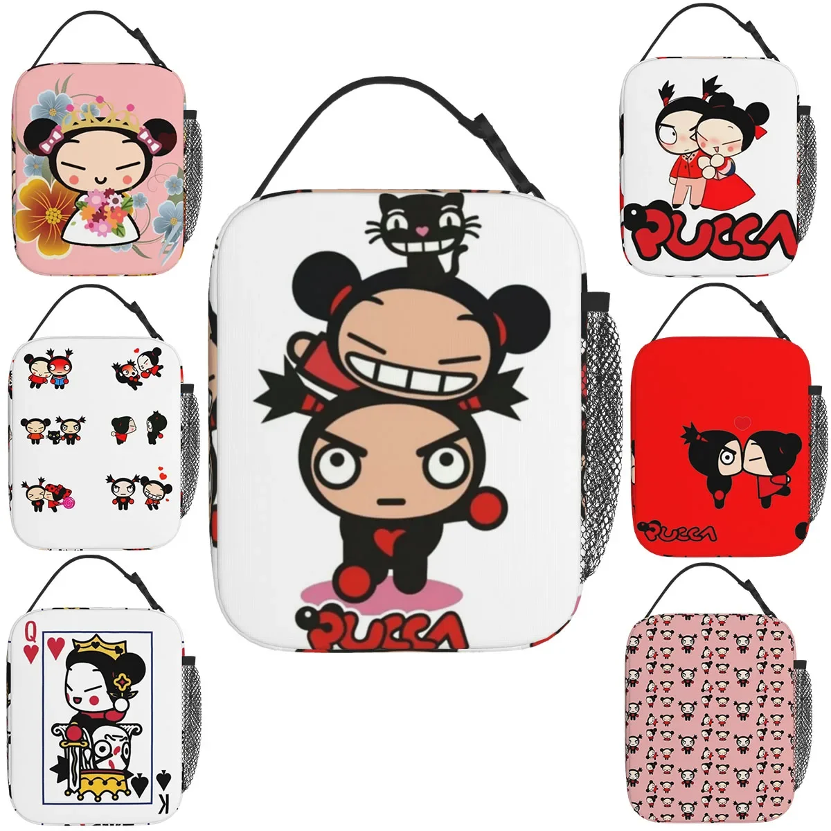 

Cute Pucca And Garu Love Valentine Insulated Lunch Bag Picnic Bag Thermal Cooler Lunch Box Lunch Tote for Woman Children School