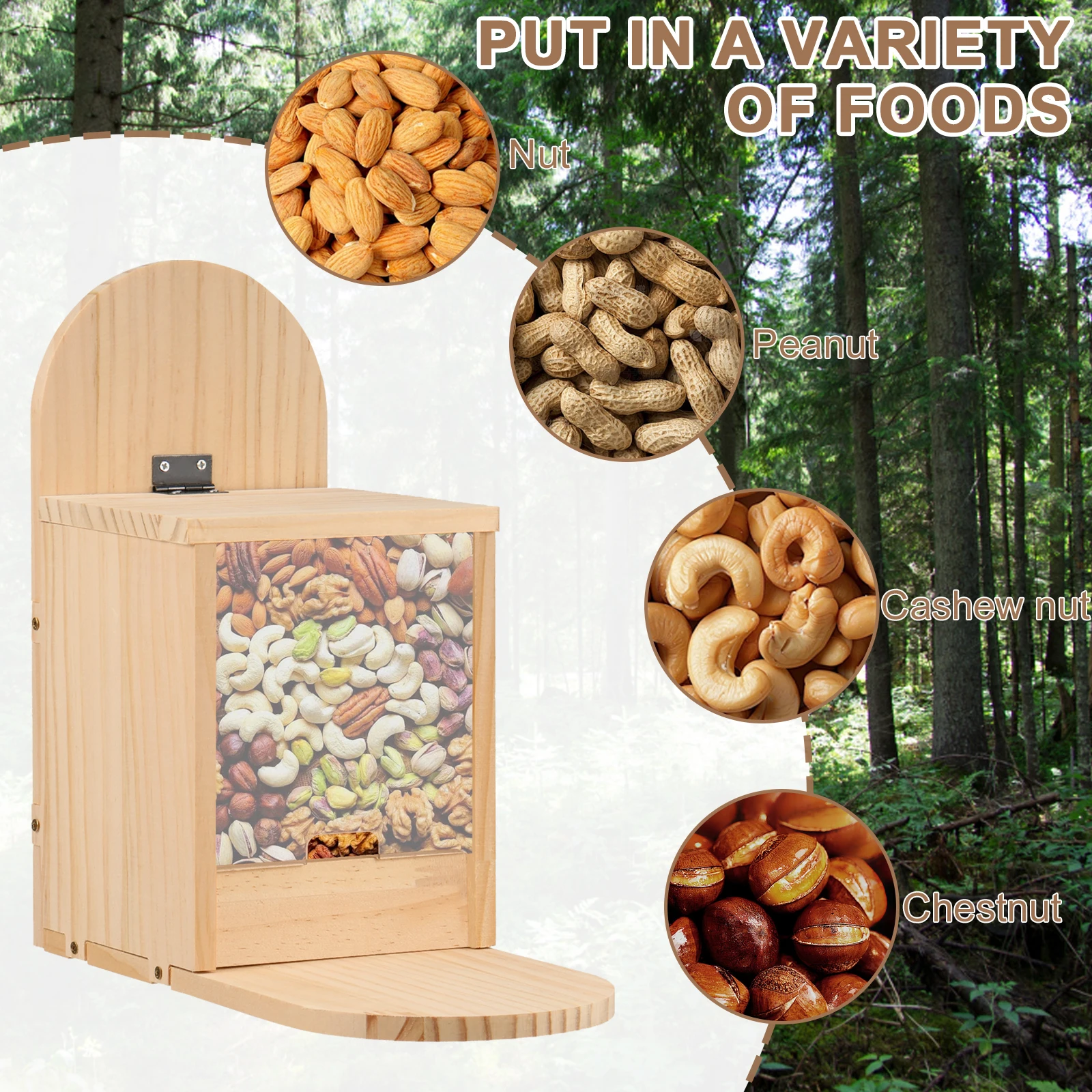 Outdoor Squirrel Feeder Hanging Wood Chipmunk Feeder Bird Squirrel Creative Pet Dining Table with Clear Window Garden Decoration