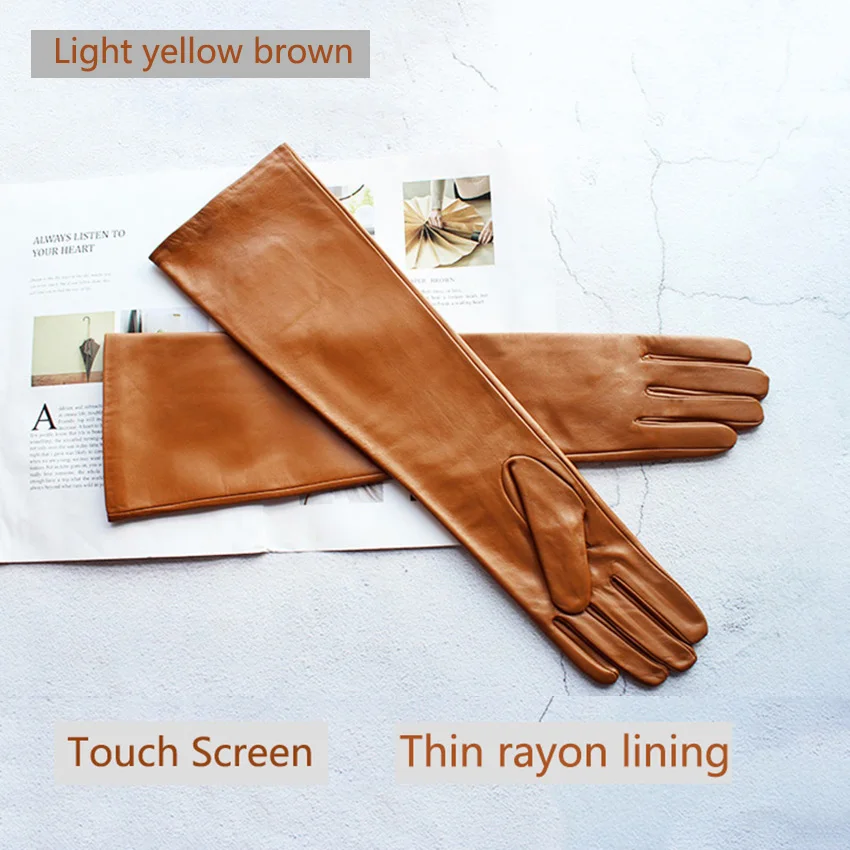 Women's Touch Screen Long Leather Gloves Thin Colored Sheepskin Fashion Stage Wear Autumn Silk Lining Sleeves