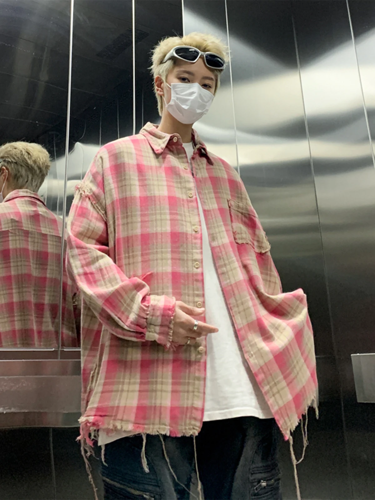 American Sle Vintage Red Plaid irt ex High End Feelings Frayed  Outerwear Trendy Brand Turn Collar irt