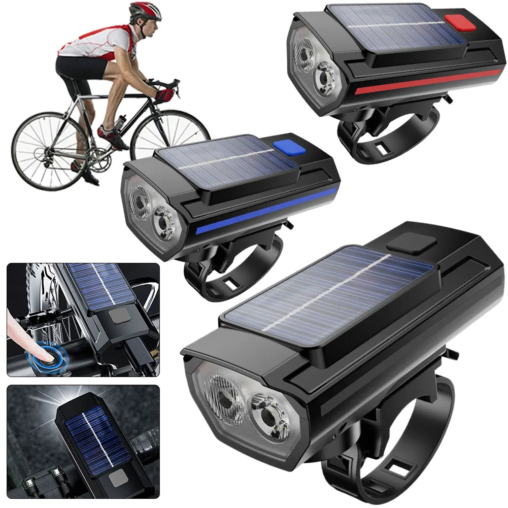 태양광 MTB 도로 자전거 전면 램프, USB 충전 자전거 핸들 바 손전등, 방..