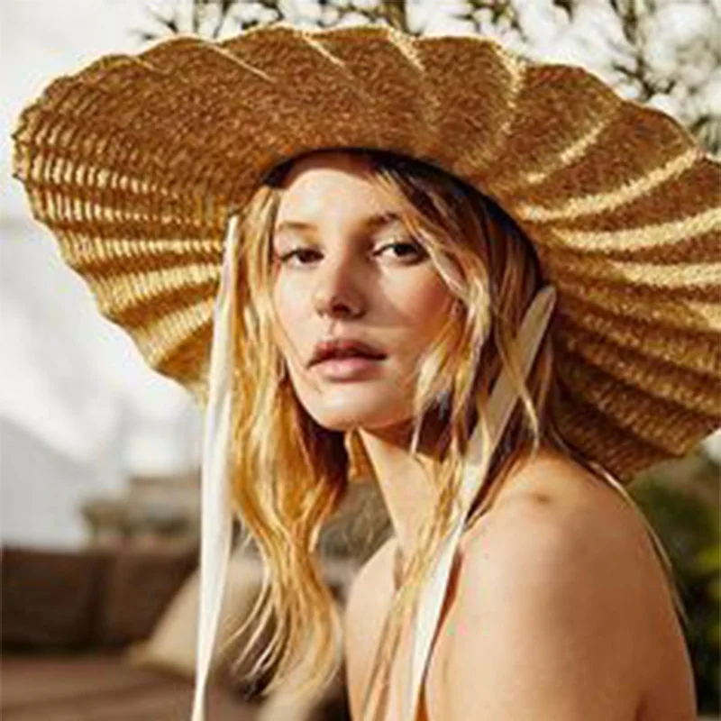 

Summer Sun Hat Wave Edge Straw Hat Tied With Round Top Big Eaf Beach Hat Simple Foldable Wide Brim UV Protect Women Cap