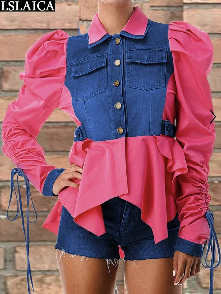 

Lace Up Women's Clothing Long Sleeve Shirts Turn-down Collar Blouses Fashion 2023 Denim Splic Clothes Tops Streetwear Outwear