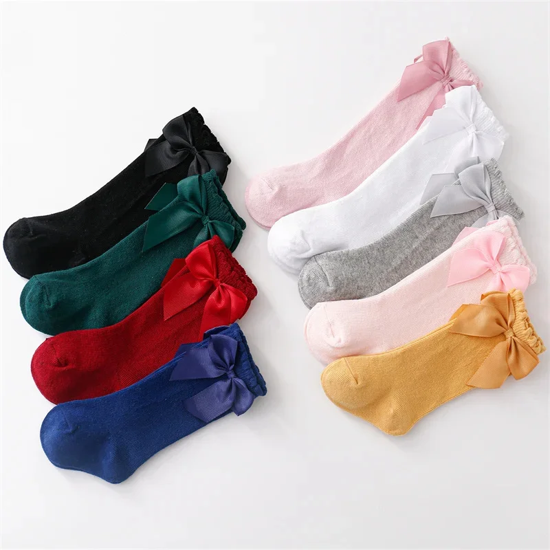 0-7Years Old Cotton Baby Girls Socks With Bows Knee High Children Princess Stocking For Girls Toddler Kids Long Sock Autumn New cotton knee socks knee length socks over the calf socks