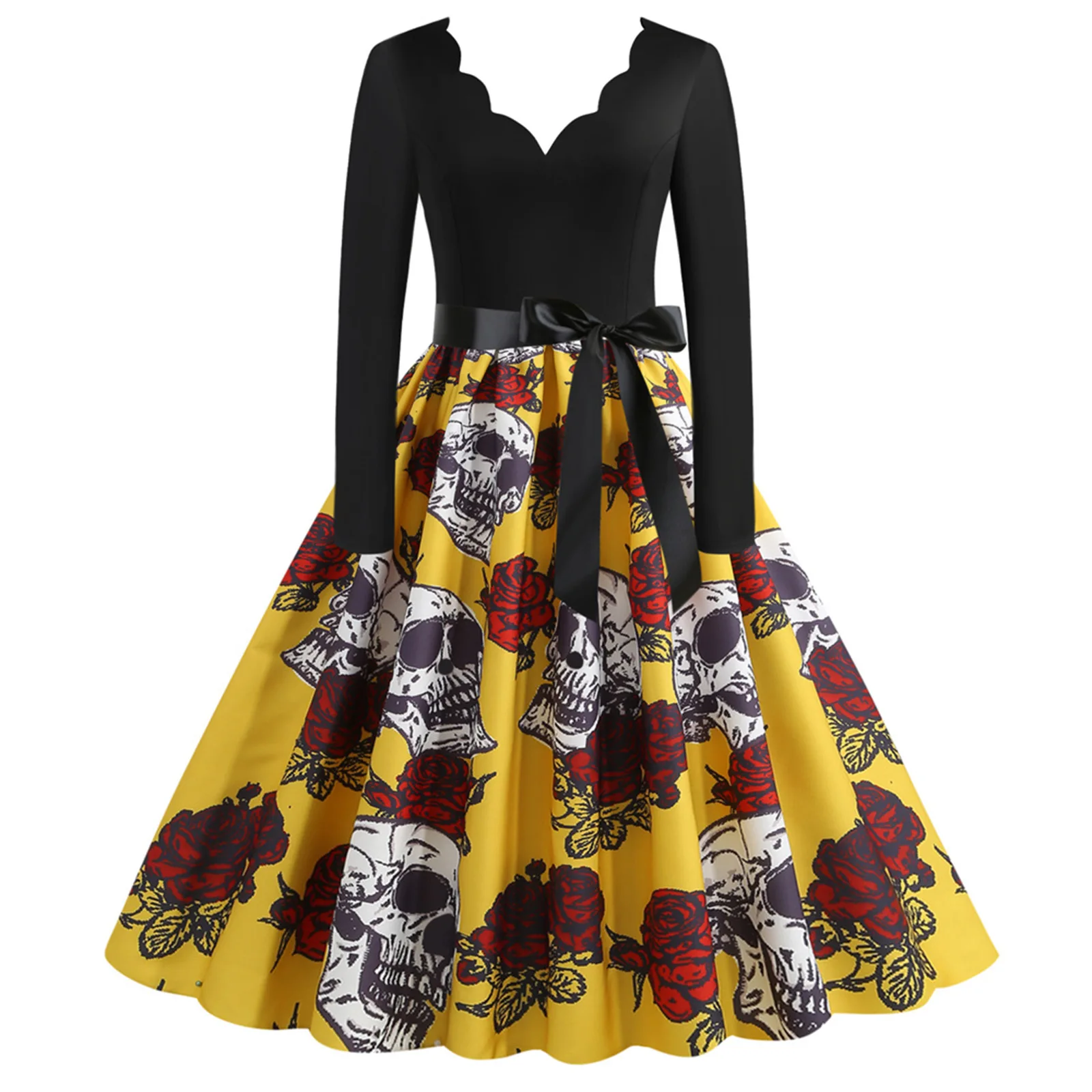 Women Halloween Party Dress Long Sleeve V Neck Bloody Rose Skull Print Black Patchwork Vintage Dress