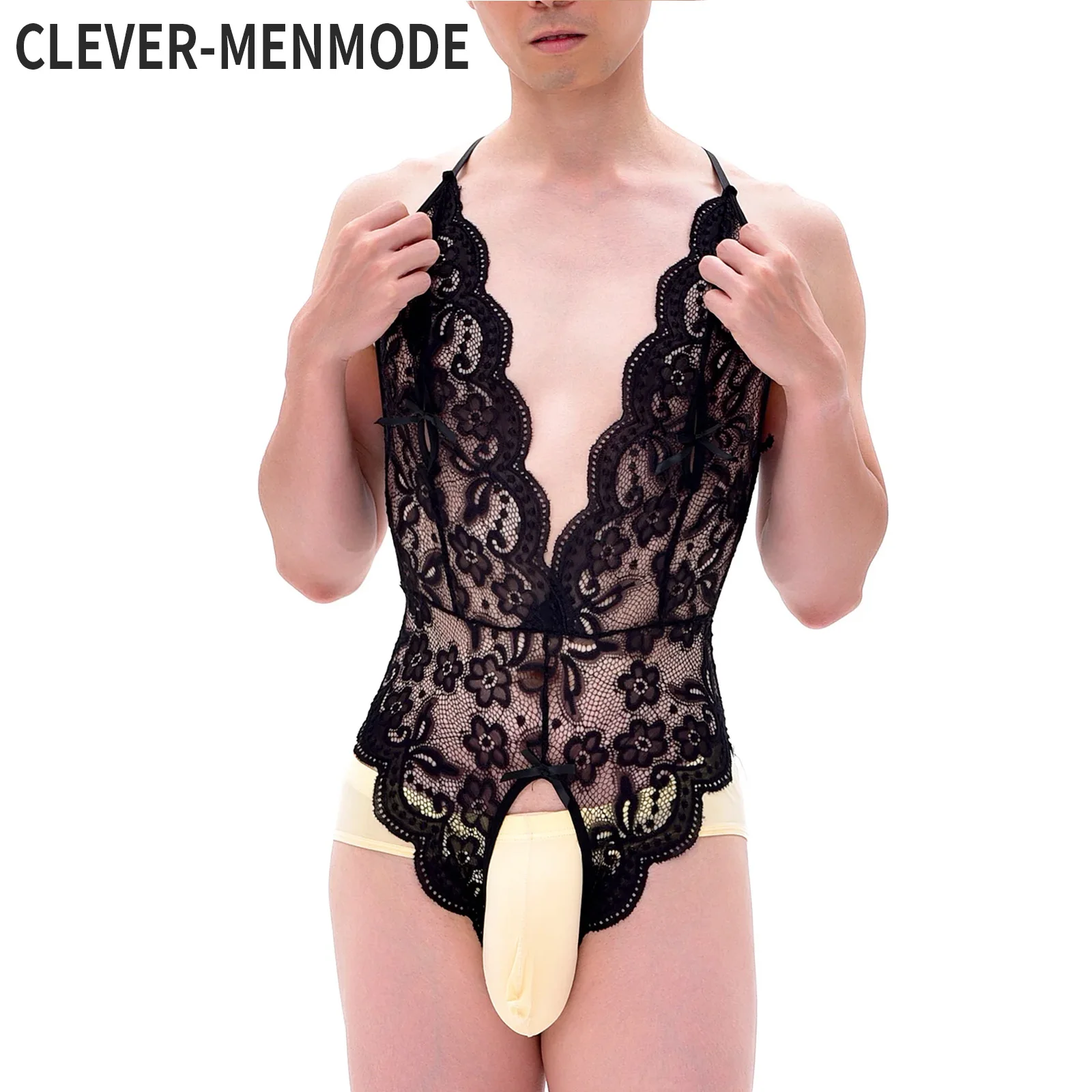 CLEVER-MENMODE Men Bodysuit One Pieces Thongs Sexy Leotard Lace Crossdress Transparent Sissy Open Penis Pouch Lingerie Underwear men underwear,sexy lingerie