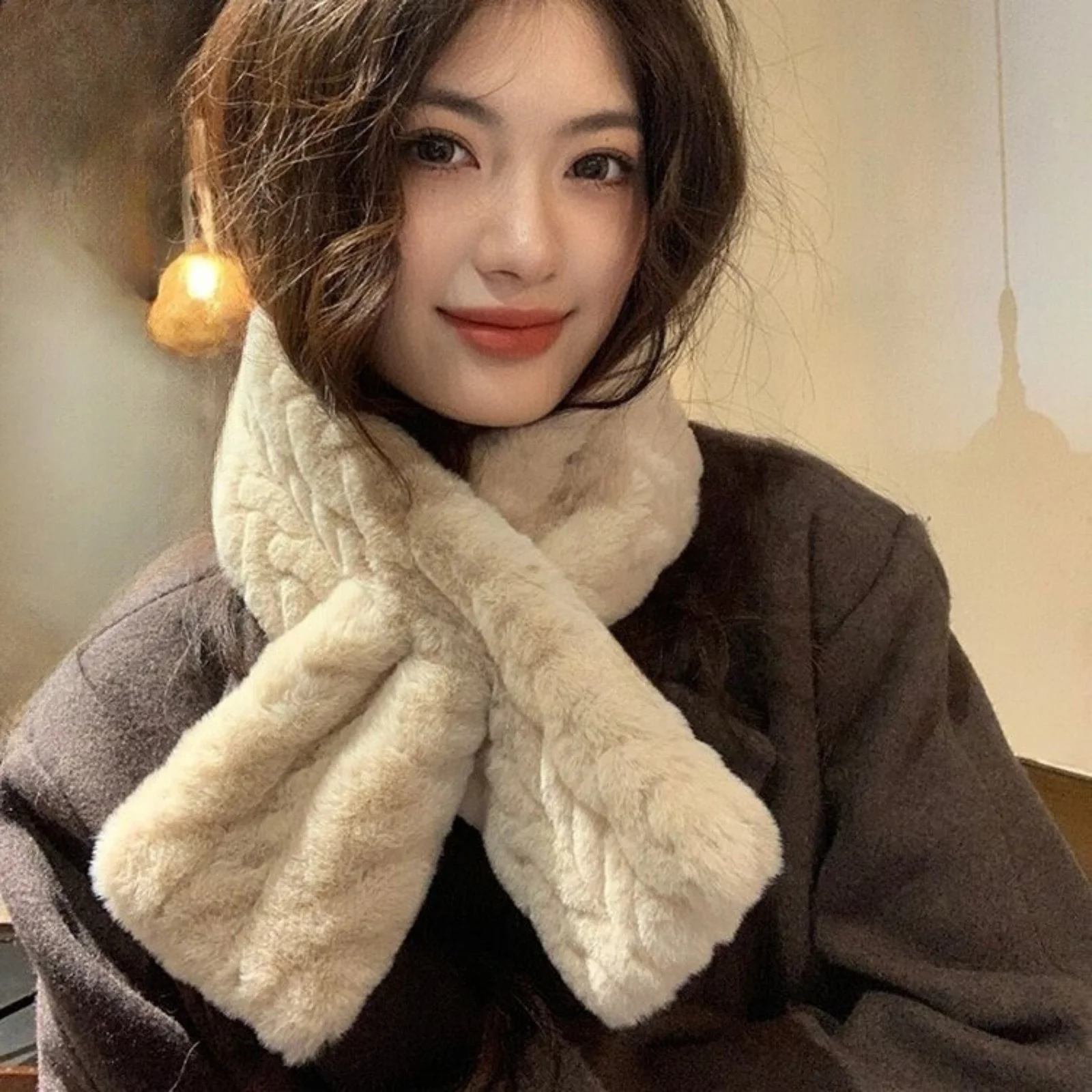 1PC Faux Fur Textured Scarf,Beige Cream Winter Scarves, Soft Warm Fluffy Scarves, Stylish Elegant Cold Weather Accessories