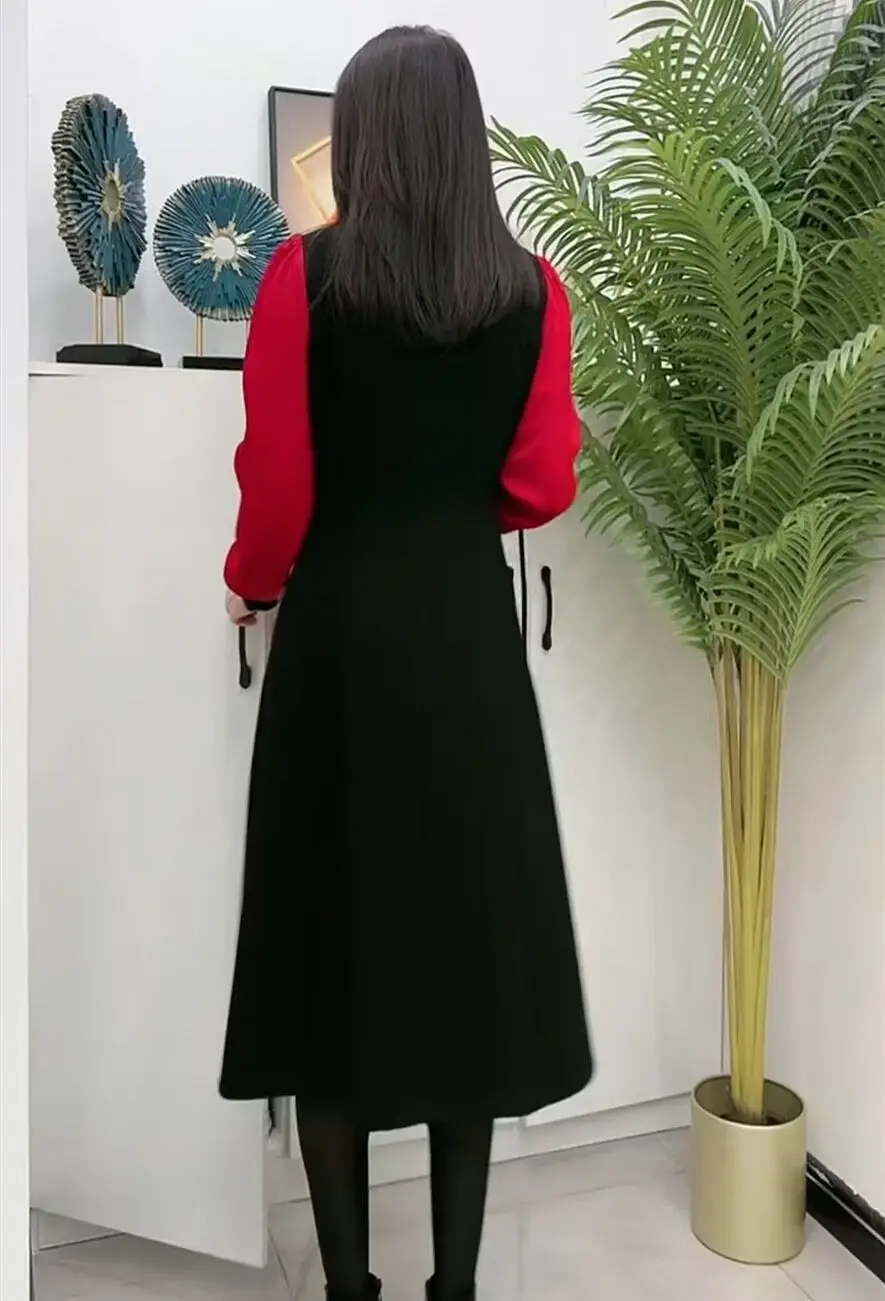 Buckle Chinese Style Western Splicing Medium Long Fake Two Pieces Fashion Belly Covering Slim Age Reducing A-line Dresses