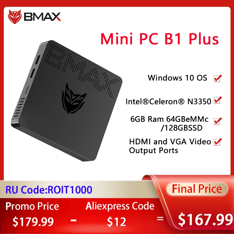 BMAX B1 Plus Mini PC Intel Core 6GB RAM 64GB EMMC/128GB SSD N3350 Dual Core Desktop Computer PC Intel HD Graphics 500 WIFI Win10