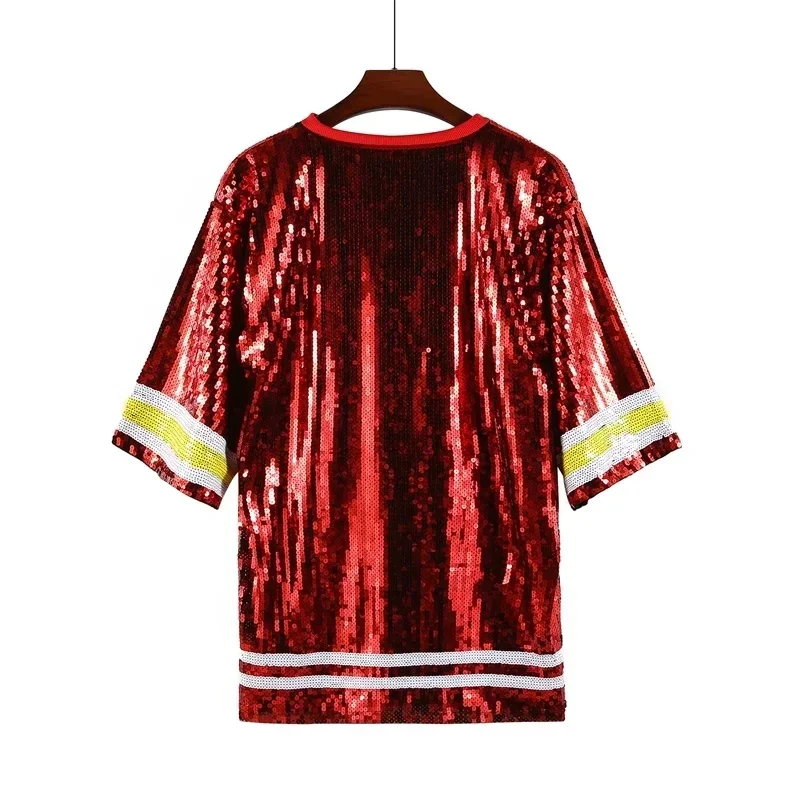 Sports Shirt Summer Short Sleeve Loose Geometry Letter Women's Wear Sequins Streetwear Night Club Hip Hop Straight T-Shirt