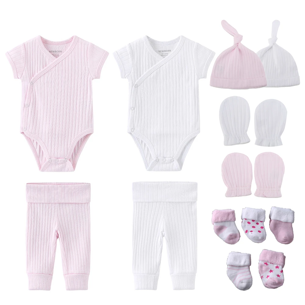 Unisex Baby Girl Clothes Newborn Gift Set 100%Cotton Solid Bodysuits+Pants+Gloves+Hats+Socks Short Sleeve Baby Boy Clothes baby clothing set essentials