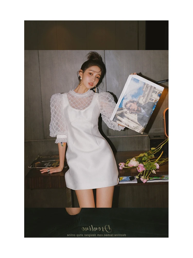 

Women's Round Neck Puff Sleeve High Waist Patchwork White Lace Mini Dress 2023 Summer Elegant Slim Fit Dresses Lady Clothes