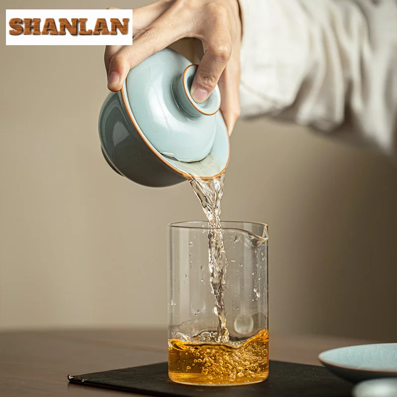 145ml Azure Ru Kiln Ice Cracked Glaze Gaiwan Handmade Copper Coin Base Tea Tureen Tea Brewing Cover Bowl Teaware Decoration Gift