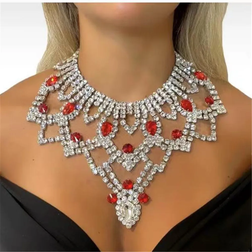 

Luxury Crystal Chunky Bib Choker Necklace Wedding Jewelry for Women Rhinestone Water Drop Geometric Oversized Necklace Collar