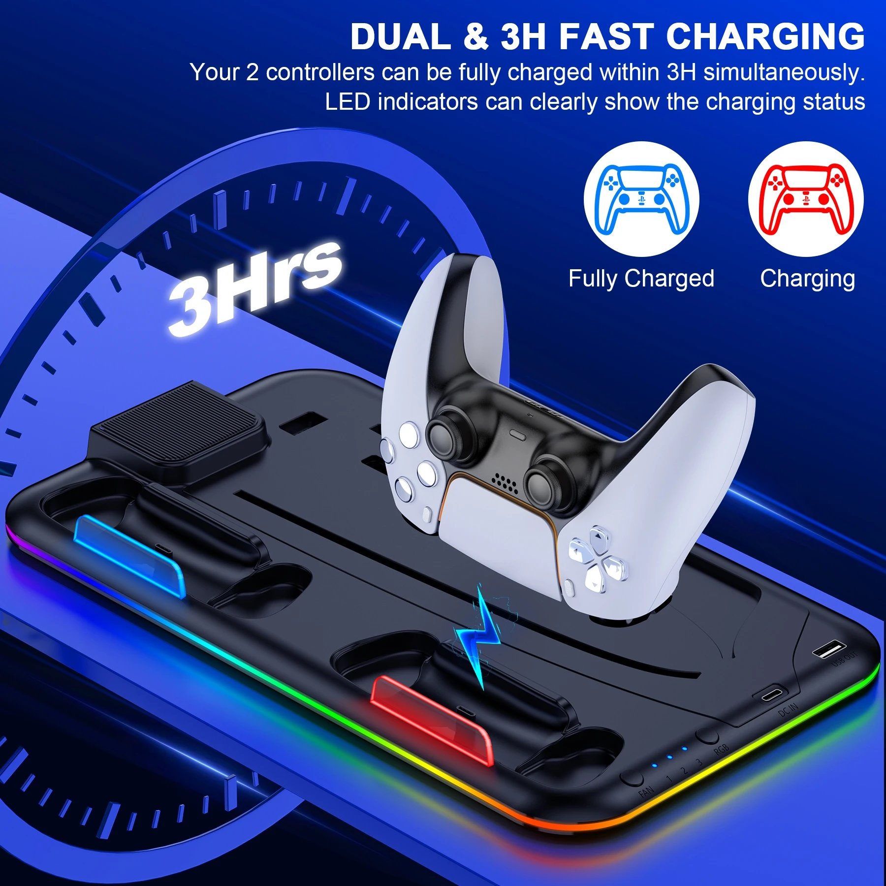 DinoFire for PS5 Slim Vertial Stand Controller Charger for PS5 Cooling Stand Charging Dock for Sony Playstation5 Gamepad Charger