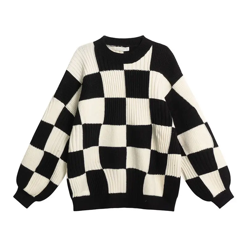 

Women Color Contrast Checkerboard Patchwork Round Collar Knitwear Sweater Korean Vintage Fashion Loose Casual Pullovers D30