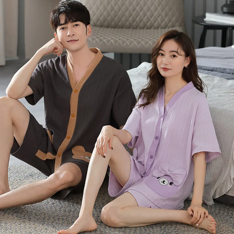 silk pajama set SLPBELY Lover Pajamas Set Homesuit Summer Short Sleeve Cute Couple Nightwear Pyjamas With Shorts Men Women Loungewear Sleepwear cotton pjs Pajama Sets