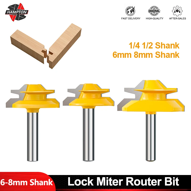 1/2 1/4 6 8mm Shank Tenon Milling Cutter 1PC 45&deg; Degree Lock Miter Router Bit For Woodworking Slotting Trimming Machine Tool