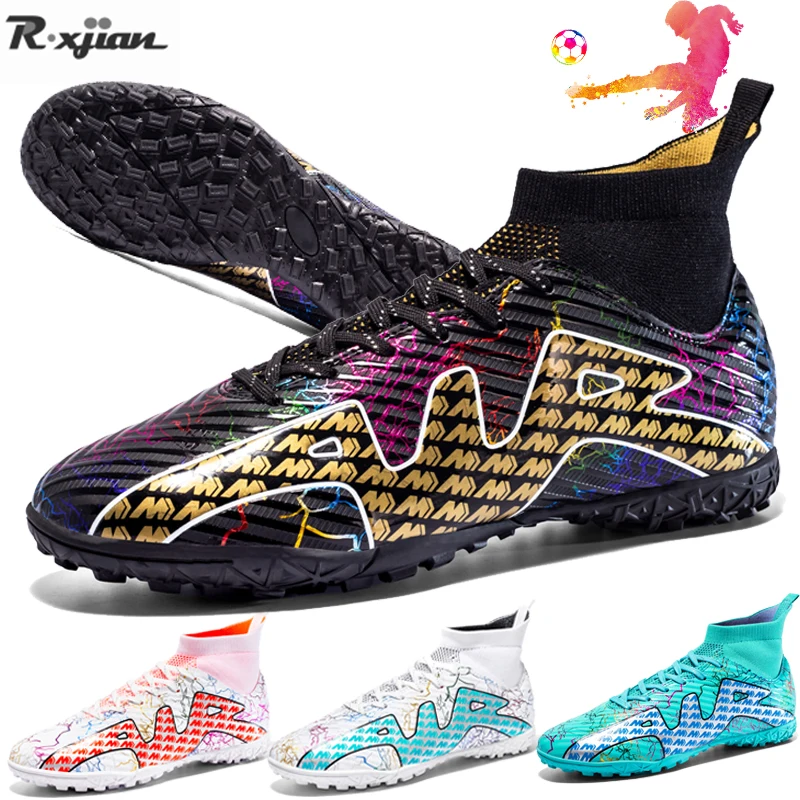 

R.xjian Men Football Boots High Ankle AG/TF Outdoor Non-Slip Long Spikes Ultralight Cleats Futsal Training Soccer Shoes 33-46#