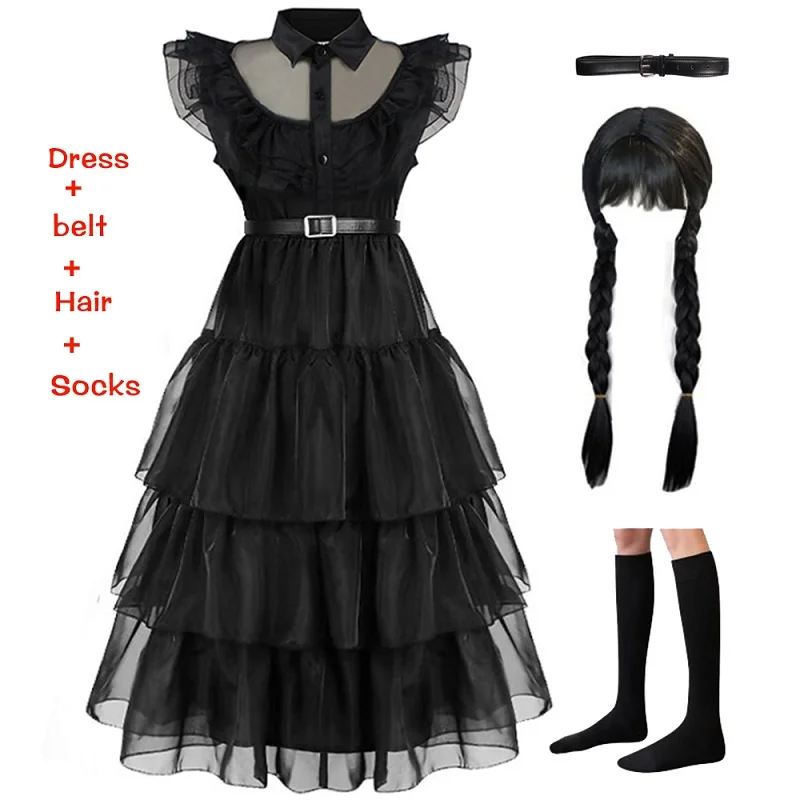 Wednesday Black Lace Halloween Dress Up Girl's Birthday Party Performance Dress New Girl Role Playing 4-12 Years Old