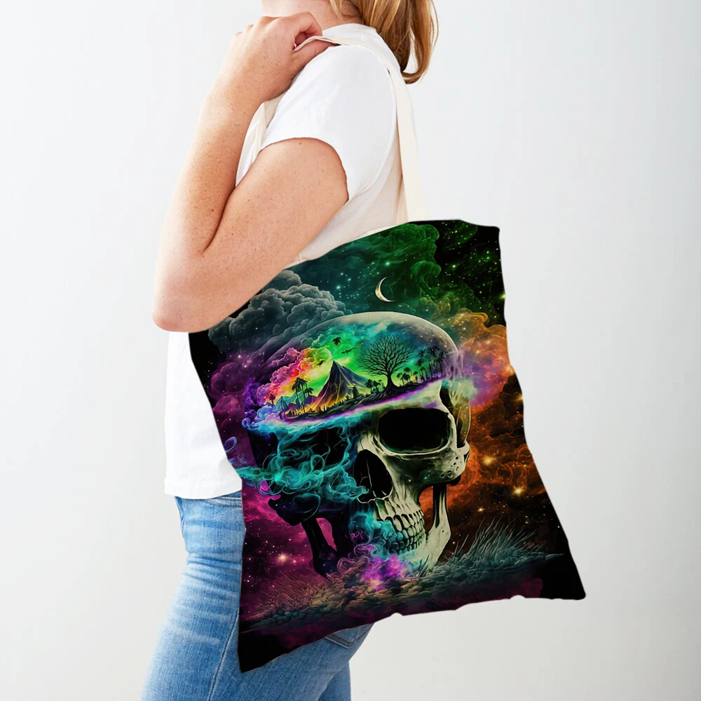 

Повседневная женская сумка для покупок с изображением мексиканского Дня мертвых красочного черепа, холщовая дорожная сумка-тоут с двойным принтом для девушек, сумки для покупок