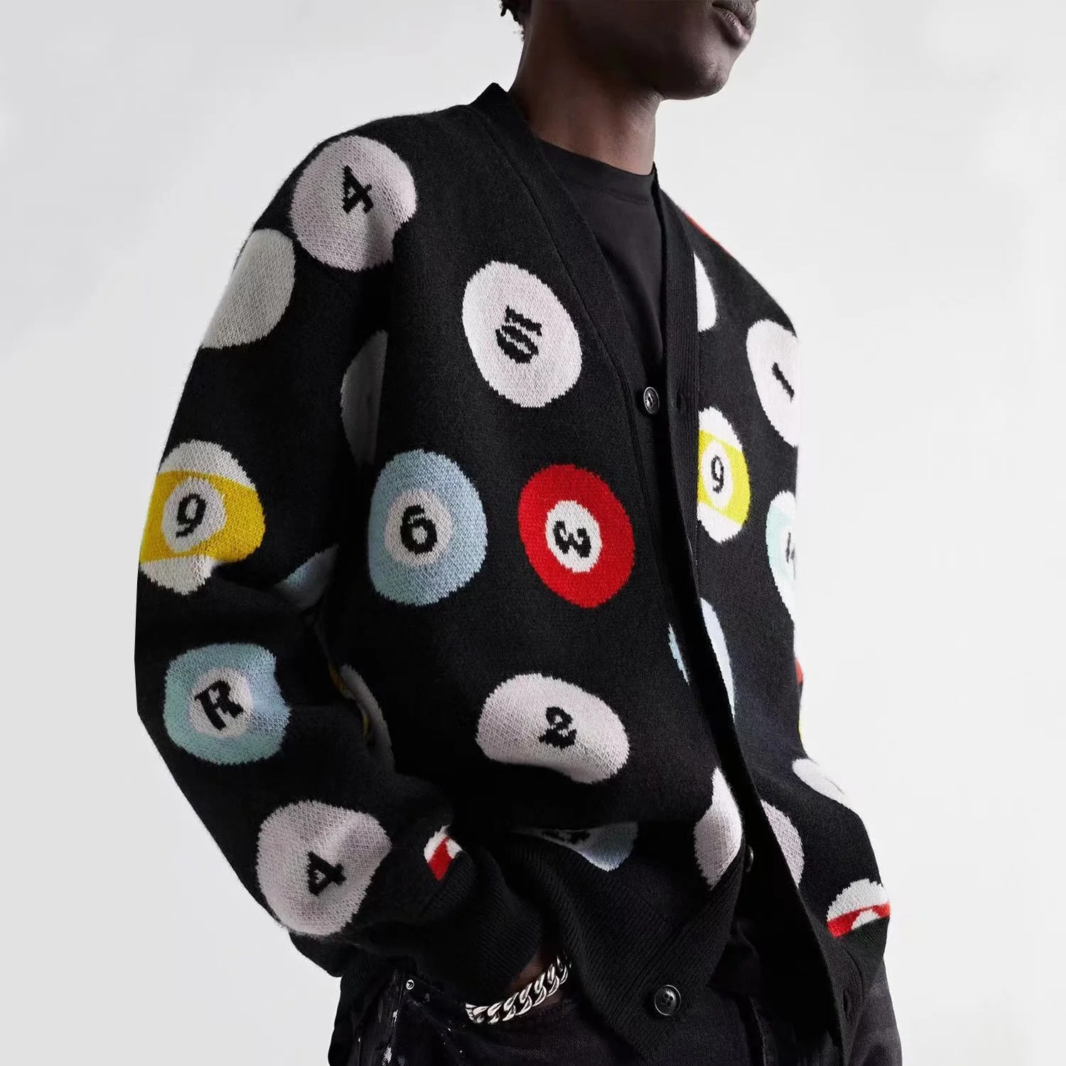 

Poison High Street Tide Billiards Embroidered V-Neck Jacket Number Wool Cardigan Knitted Sweater