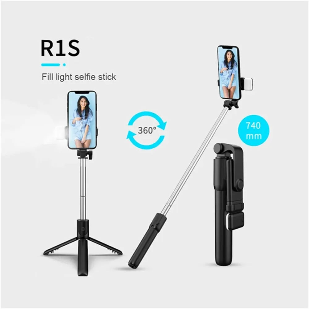 R1 Wireless Bluetooth Selfie Stick Foldable Portable Tripod With Fill Light Shutter Remote Control For Android IPhone_voghion.com