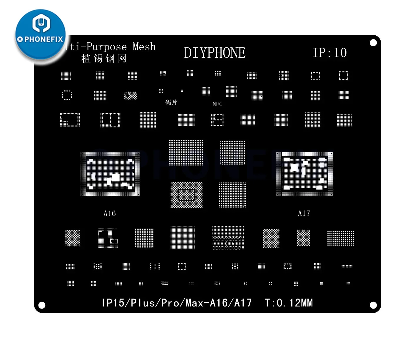 DIYPHONE BGA 리볼링 스텐실 키트, 아이폰 16, 15, 14, 13, 11, 12 프로 맥스, X, XR, 8P, 8, 7P, 6, 블랙 스틸, CPU IC 칩, 주석 납땜 네트