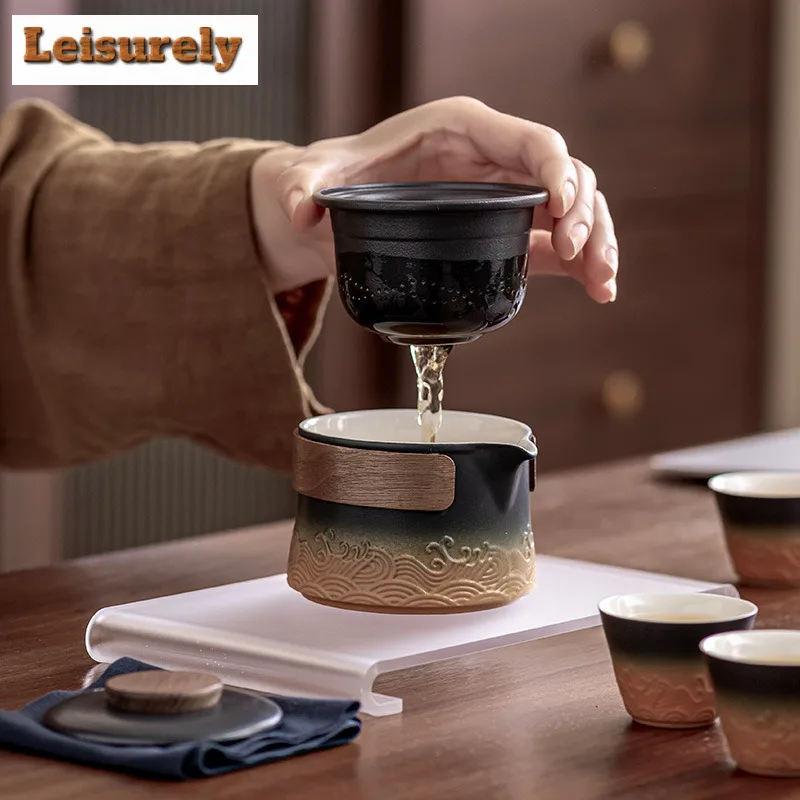 Chinese Wave Hand-held Teapot Tea Set Complete Tea Ceremony Set Teapot And Tea Cup Set Portable Travel Leather Bags Tea Items