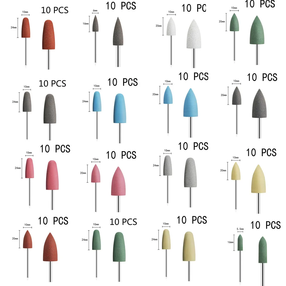 10pc/set 10*24mm Rubber Silicon Nail Drills Big Head Bit Nail Buffer