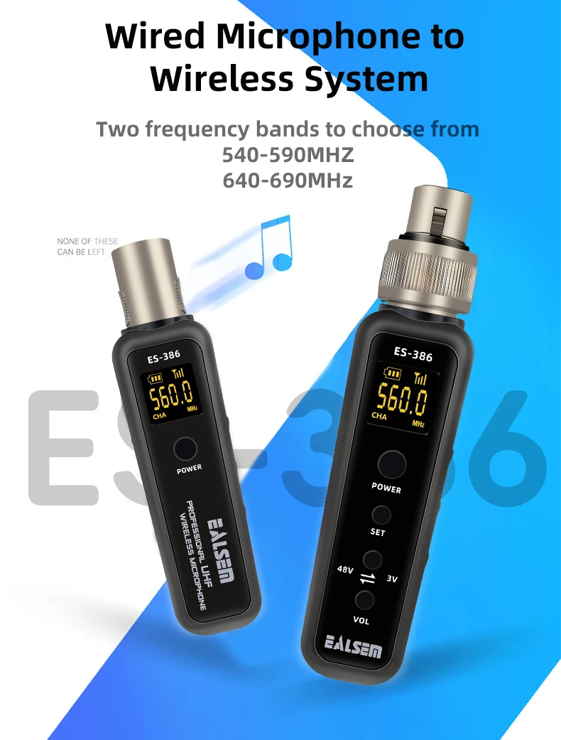 EALSEM 386 UHF Wireless Microphone Converter XLR Transmitter and Receiver Microphone Wireless System for Dynamic Microphone