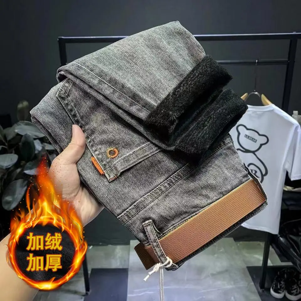 Stylish streetwear Korean style Luxury Denim Jeans for Men Casual Design with Thicker Fleece Designer boyfriend classic jeans