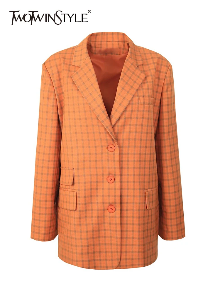 

TWOTWINSTYLE Patchwork Button Blazers For Women Notched Collar Long Sleeve Casual Loose Plaid Blazer Female Fashion Clothing New