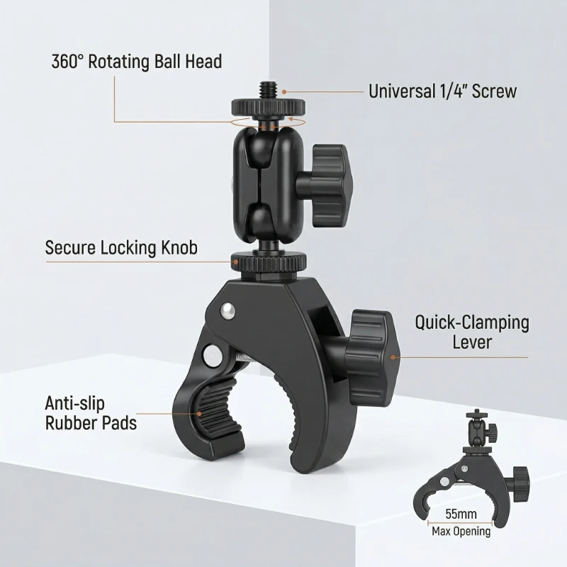 Support de fixation pour caméra GoPro sur guidon de moto, vue latérale illustrant la compatibilité avec Insta360 X4.