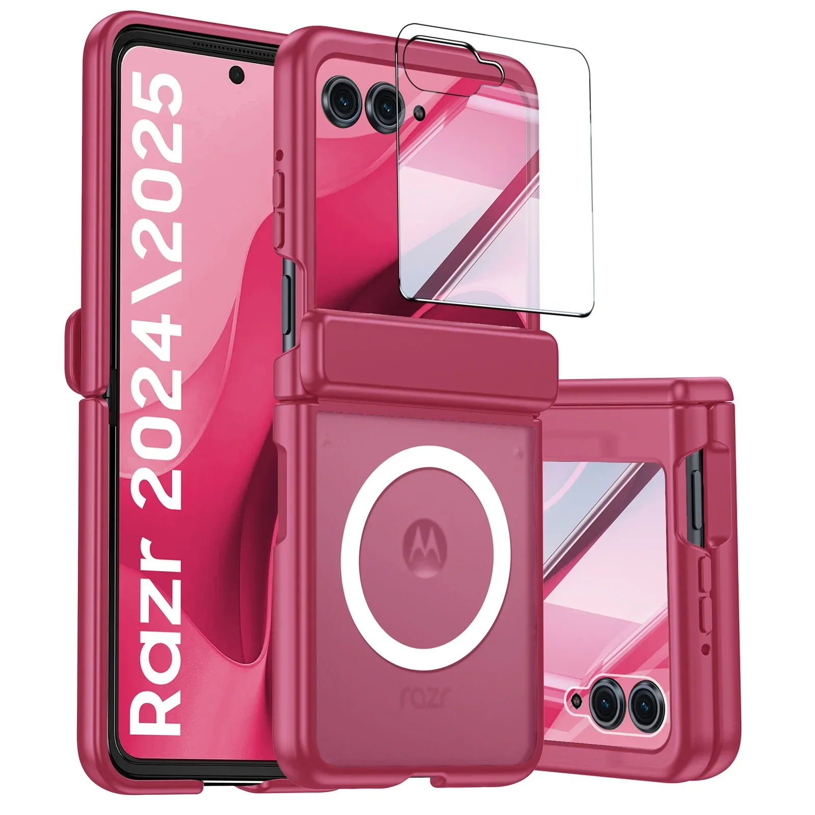 Rose Red Magnetic Translucent Matte Shockproof Phone Case with Screen Protector