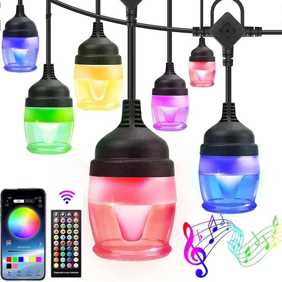 

12 Bulbs Smart App Controlled Globe Fairy String Lights Outdoor RGB Dimmable Music Sync Hanging Patio String Light Garlands