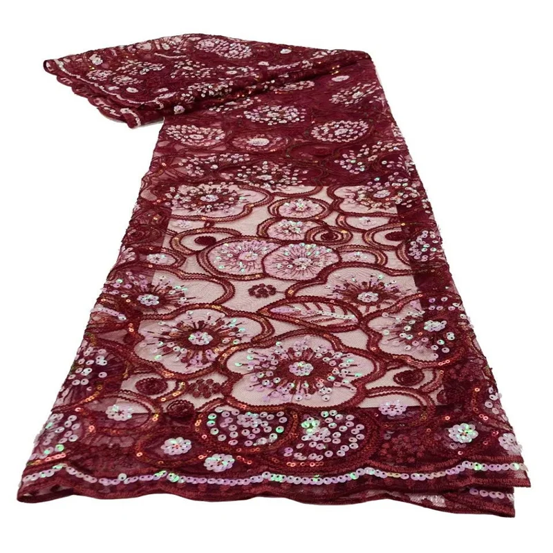 

Wine French Tulle Lace Fabric 2023 High Quality Embroidered African Net Laces Nigerian Fabrics With Sequins D99-2